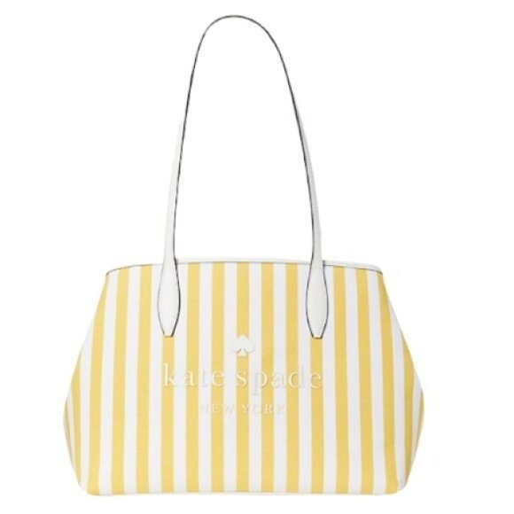 Kate Spade New York Yellow & White Striped Canvas Tote Bag With Leather Handles - Picture 1 of 8